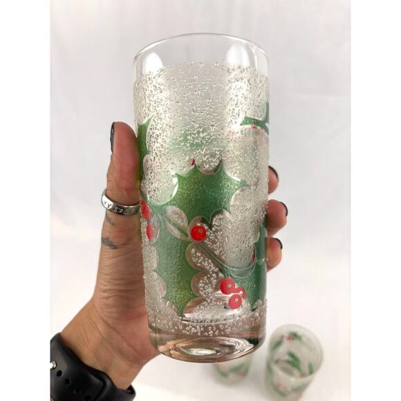 VTG Fred Press Holiday Ice Frosted Holly Leaves & Berries Glasses Set of 3 MCM - Picture 4 of 13